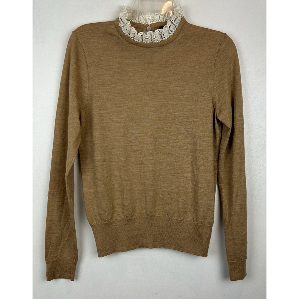 J Crew Sweater Women Small M Lace Ruffle Neck Beige Merino Wool Capsule Coquette